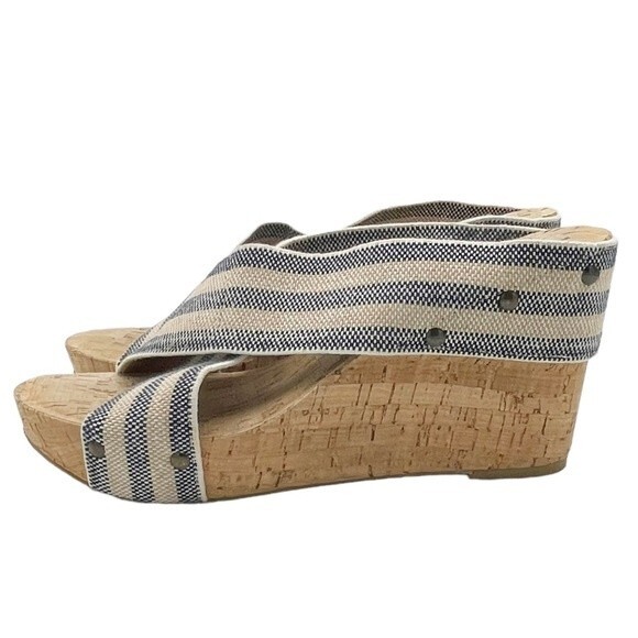 Lucky Brand Miller II Cross Strap Cork Wedge Blue Cream Stripe Women’s Size 9.5 - Picture 5 of 16